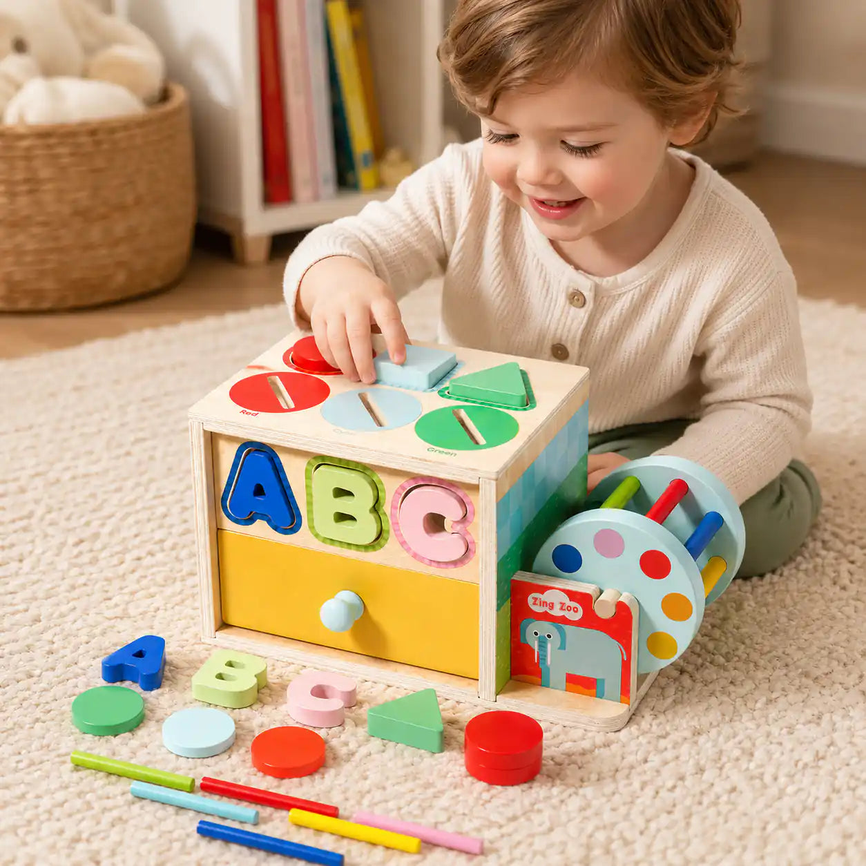 Smiling toddler in cream cardigan playing with the wooden 6-in-1 activity cube on a soft rug in a Montessori playroom