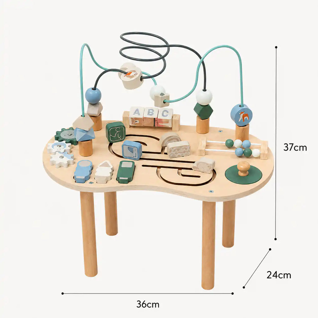 Wooden activity table dimensions diagram, approximately 36 by 24 by 37 centimeters, designed for toddlers ages 1+