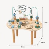 Wooden activity table dimensions diagram, approximately 36 by 24 by 37 centimeters, designed for toddlers ages 1+