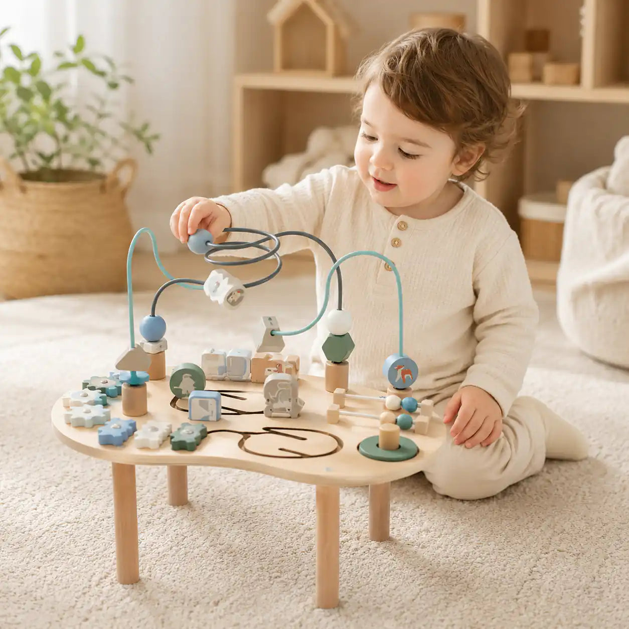 Wooden Montessori activity table from above showing bead maze, sliding bear, spinning fox disc, and shape sorter for toddlers ages 1+