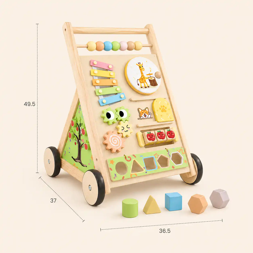 Wooden Montessori activity walker dimensions diagram, approximately 49.5 by 36.5 by 37 centimeters, designed for toddlers ages 1+
