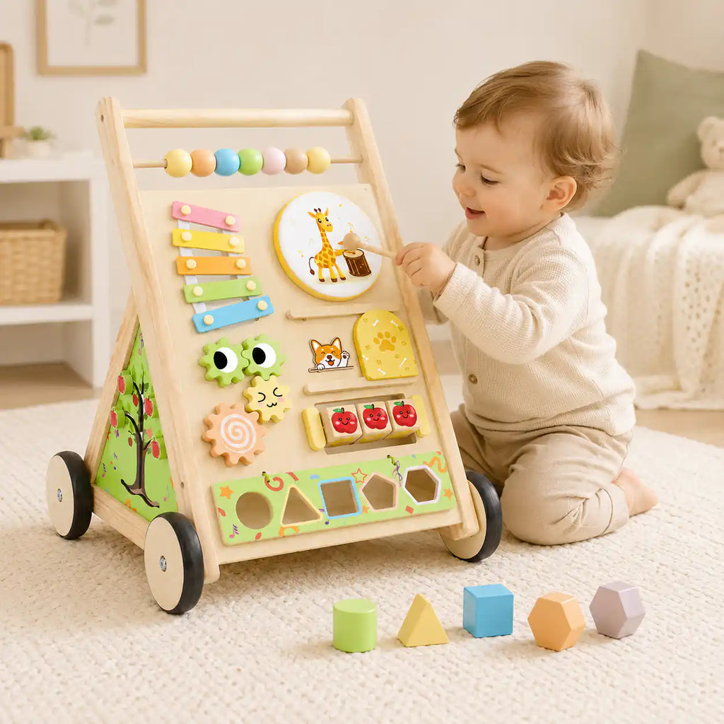 Wooden activity walker side panel with peek-a-boo corgi door, giraffe drum, and apple tree busy board for toddler sensory exploration
