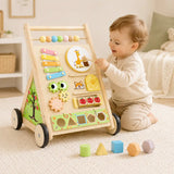 Wooden activity walker side panel with peek-a-boo corgi door, giraffe drum, and apple tree busy board for toddler sensory exploration