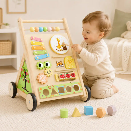 Wooden activity walker side panel with peek-a-boo corgi door, giraffe drum, and apple tree busy board for toddler sensory exploration