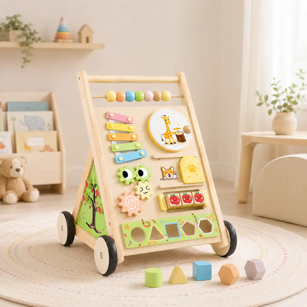 Side view of wooden Montessori push walker showing magnifying viewer, rainbow slider, apple rollers, and sturdy wooden wheels for ages 1+