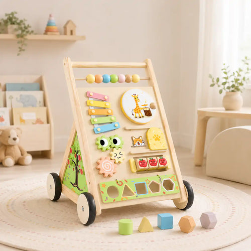 Side view of wooden Montessori push walker showing magnifying viewer, rainbow slider, apple rollers, and sturdy wooden wheels for ages 1+