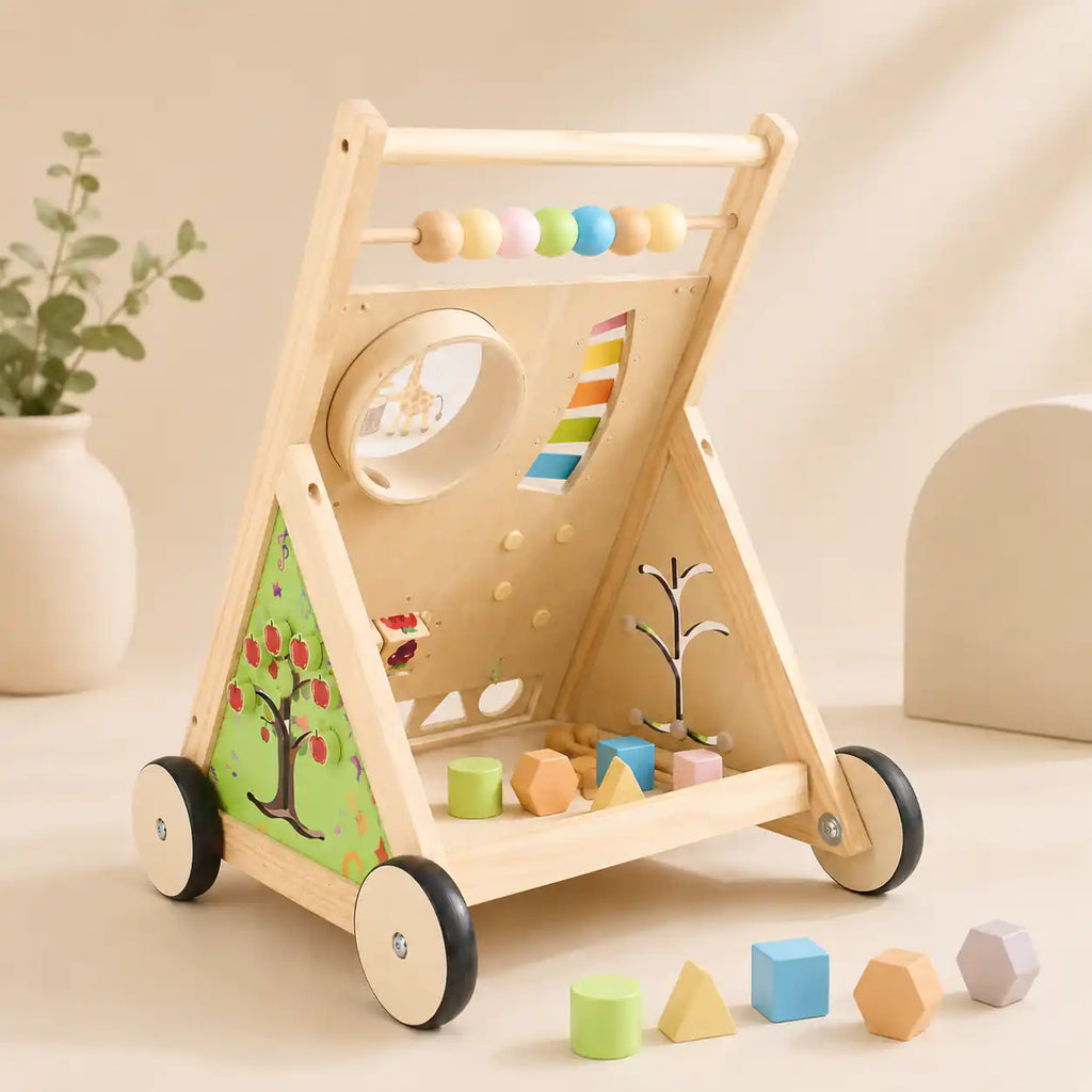 Toddler hands engaging the wooden walker's busy board panel — turning gears, opening doors, and exploring shape sorting