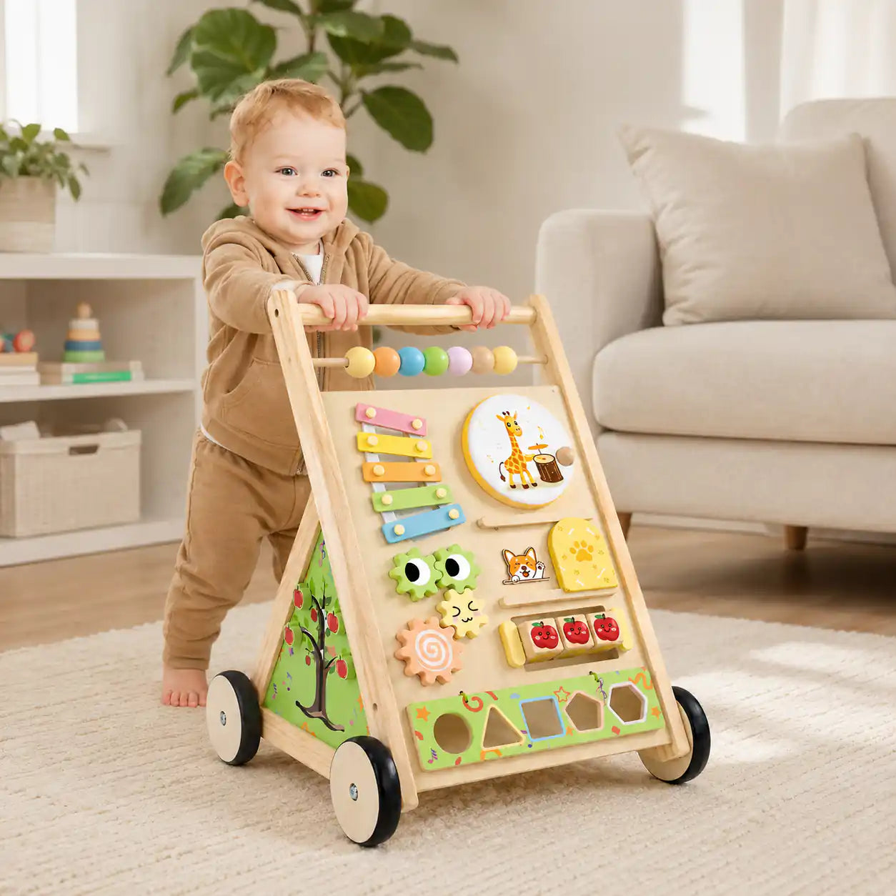 Close-up of wooden activity walker top panel with colorful xylophone bars and turning wooden gears for toddler fine motor play
