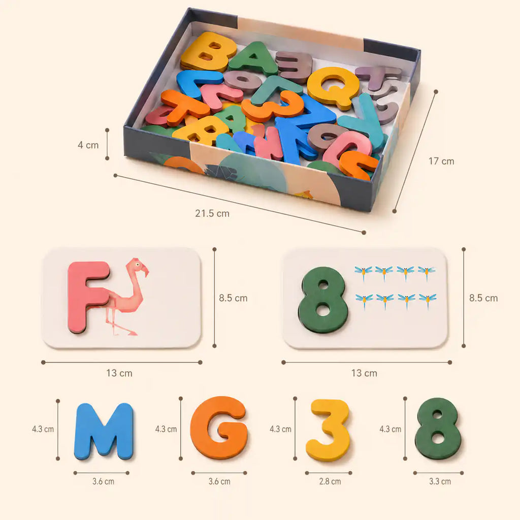 Wooden alphabet and numbers flashcards dimensions and size reference chart