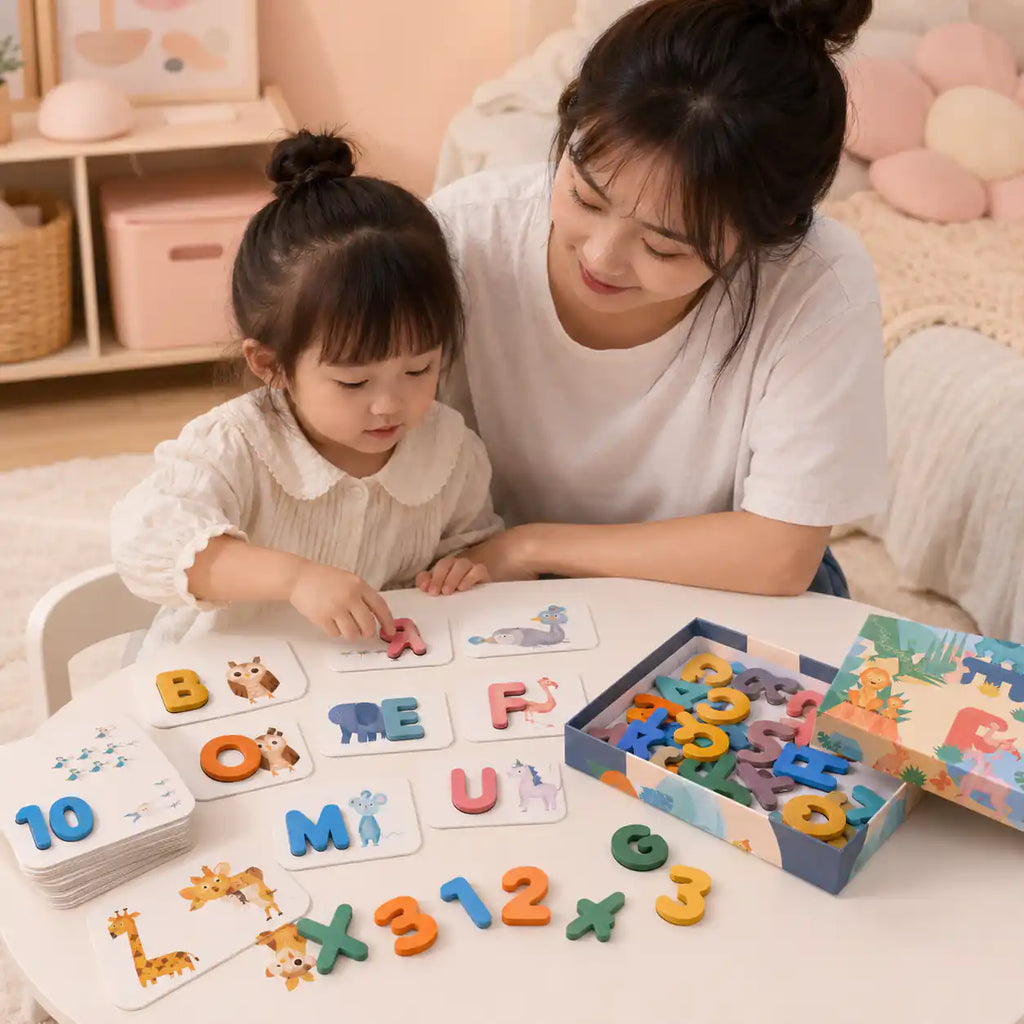 Mother and toddler exploring wooden alphabet flashcards together in a calm play moment