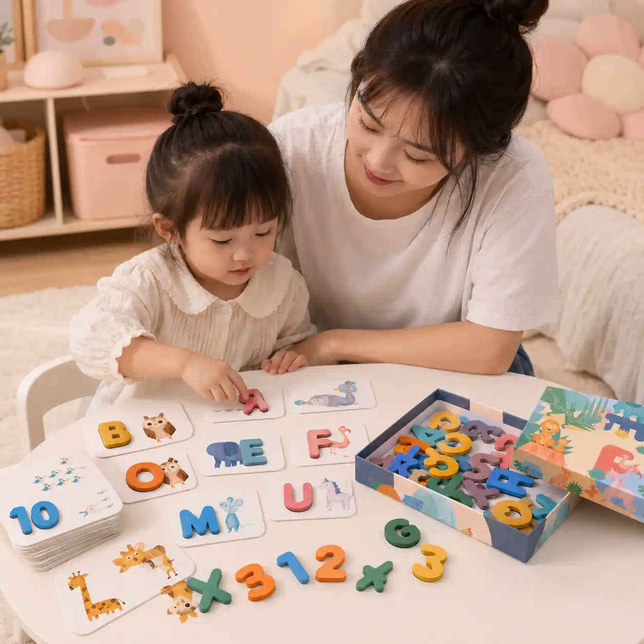 Mother and toddler exploring wooden alphabet flashcards together in a calm play moment