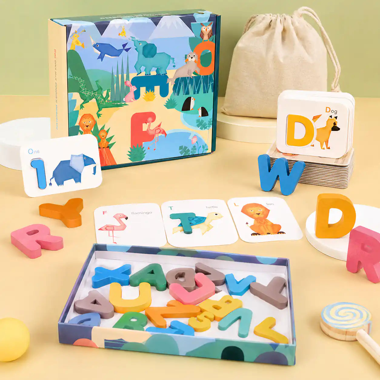 Wooden alphabet and numbers flashcards gift set with illustrated box and linen drawstring bag