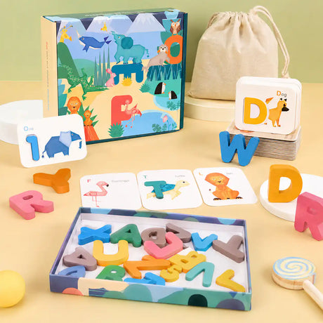 Wooden alphabet and numbers flashcards gift set with illustrated box and linen drawstring bag
