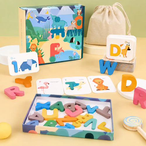 Wooden alphabet and numbers flashcards gift set with illustrated box and linen drawstring bag