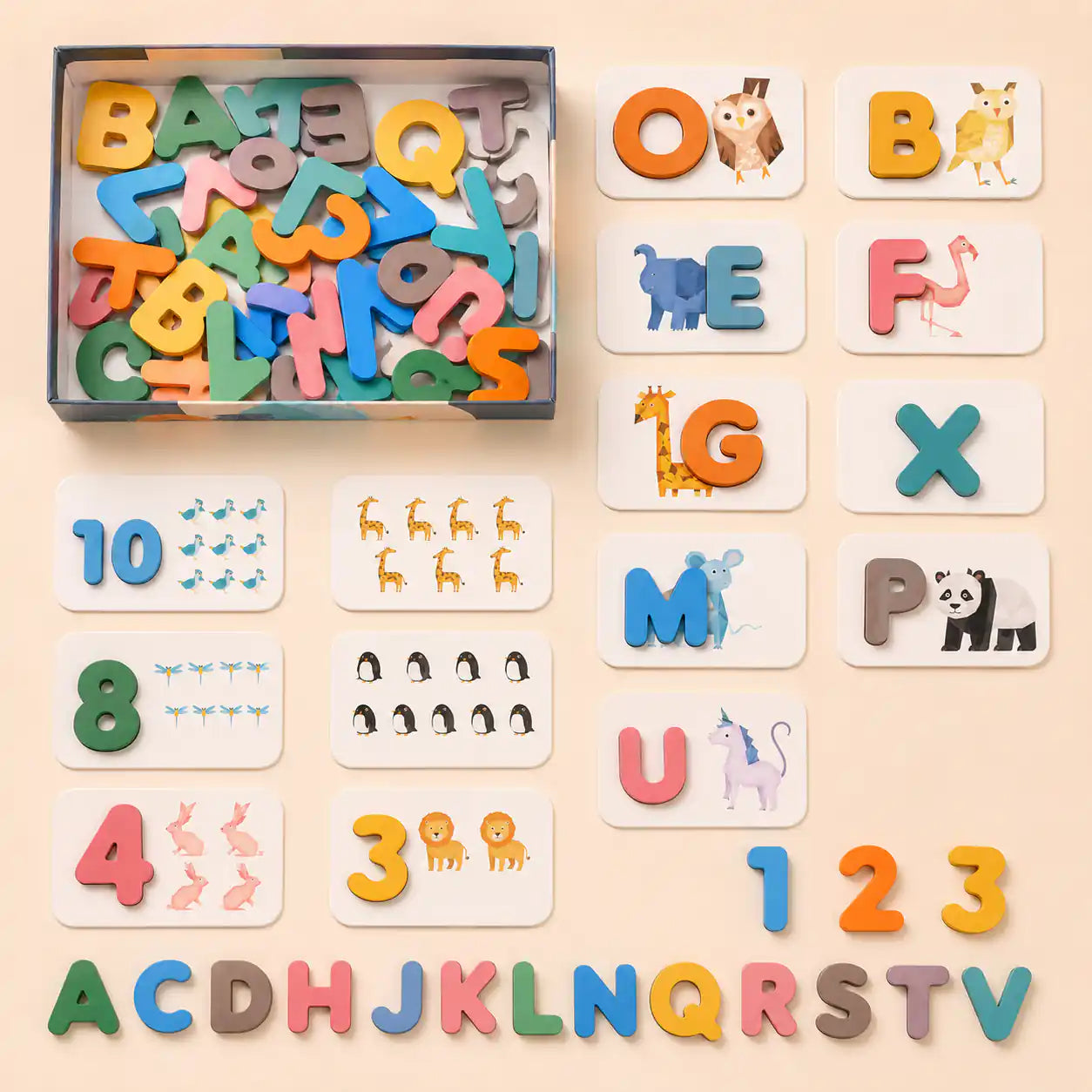 Wooden alphabet and numbers flashcards Montessori learning set hero shot