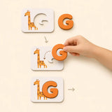 Step-by-step view of fitting the wooden G letter into the giraffe alphabet flashcard