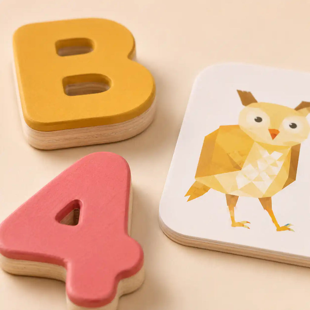 Close-up of wooden letter B, number 4, and yellow owl alphabet flashcard