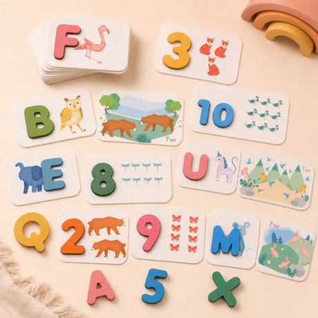 Wooden alphabet and number flashcards spread out for Montessori matching play