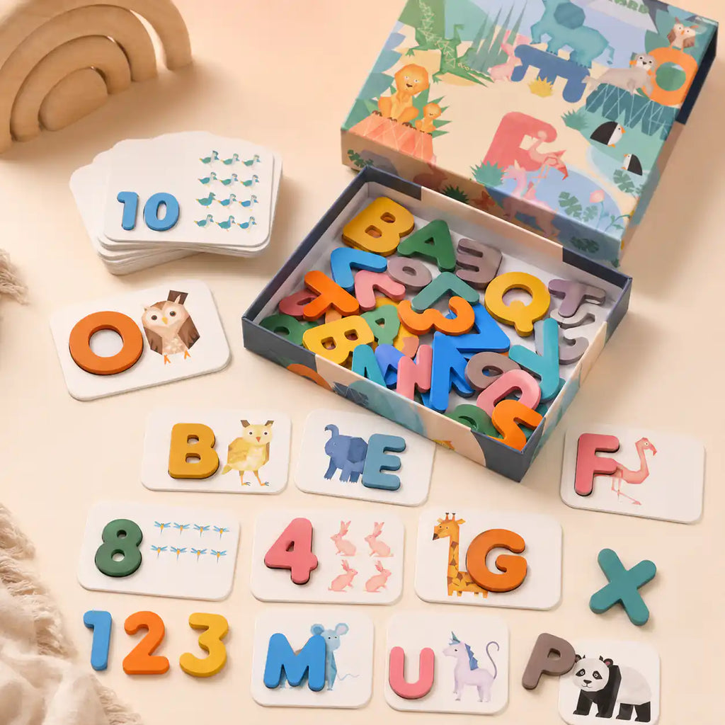 Wooden alphabet flashcards open box display with letters and animal illustration cards