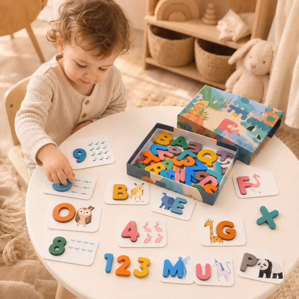 Toddler playing with wooden alphabet and numbers flashcards at a calm play table
