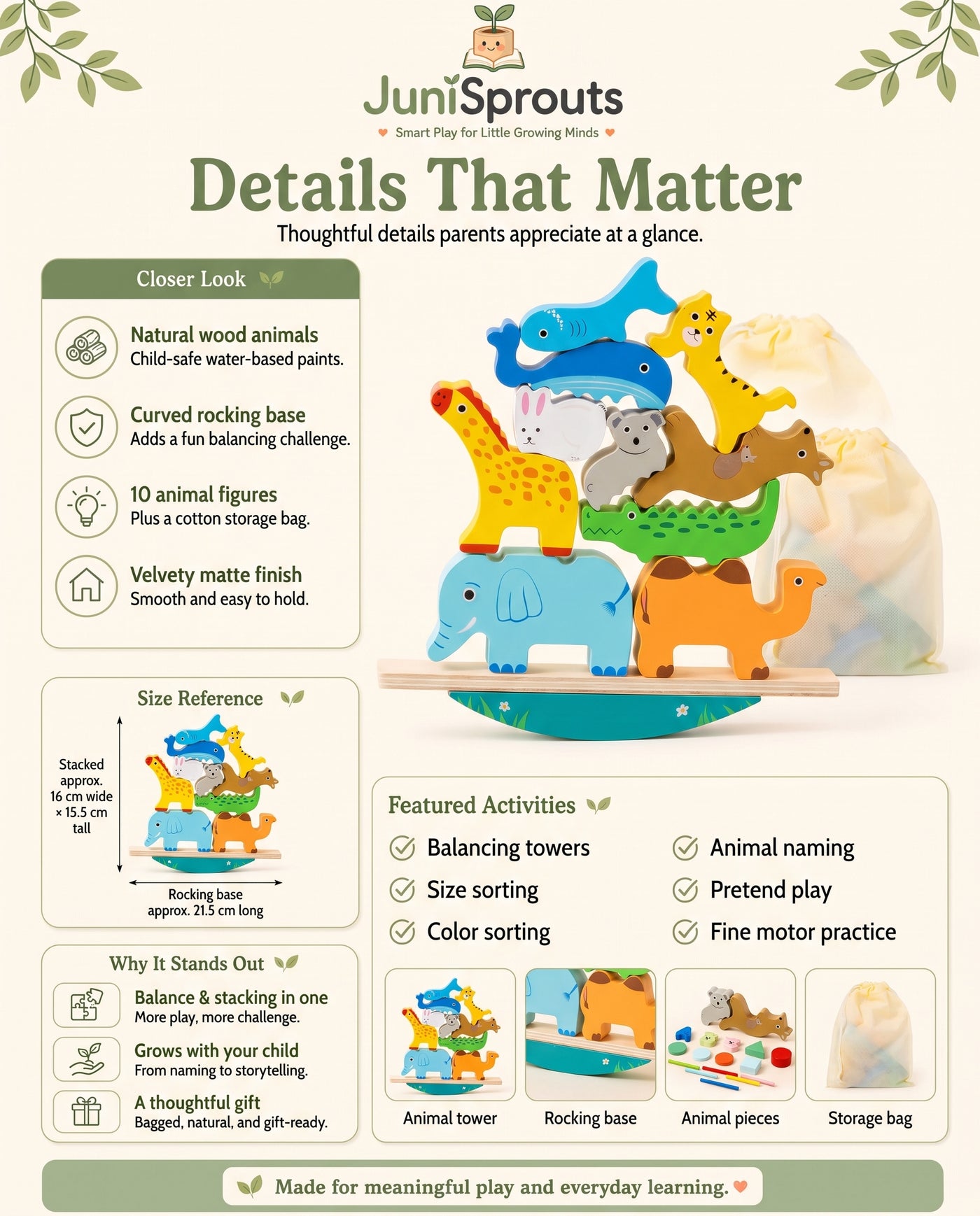 Wooden Animal Balancing Stacker details and size reference