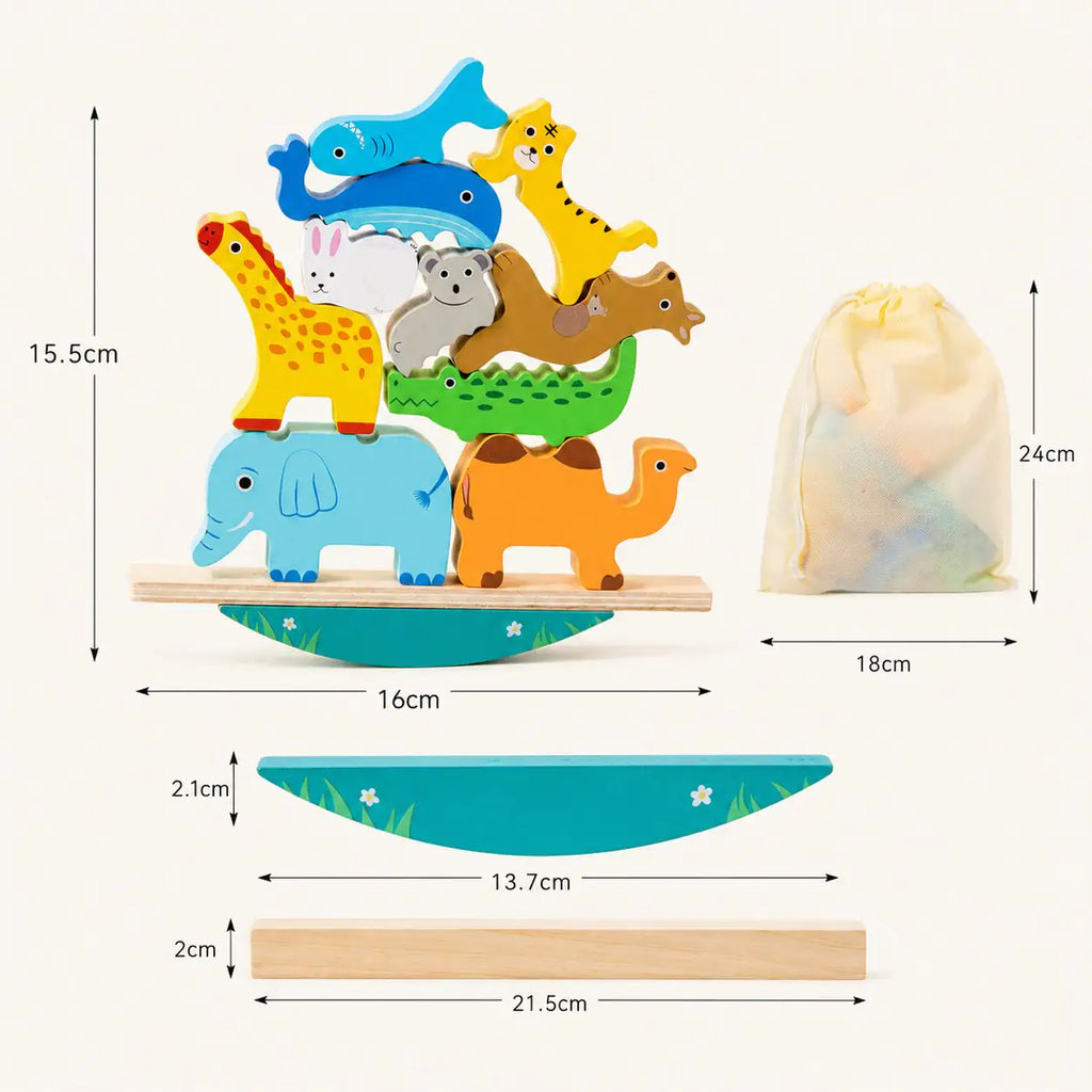 Wooden animal balancing stacker toy with size dimensions shown for the playroom shelf