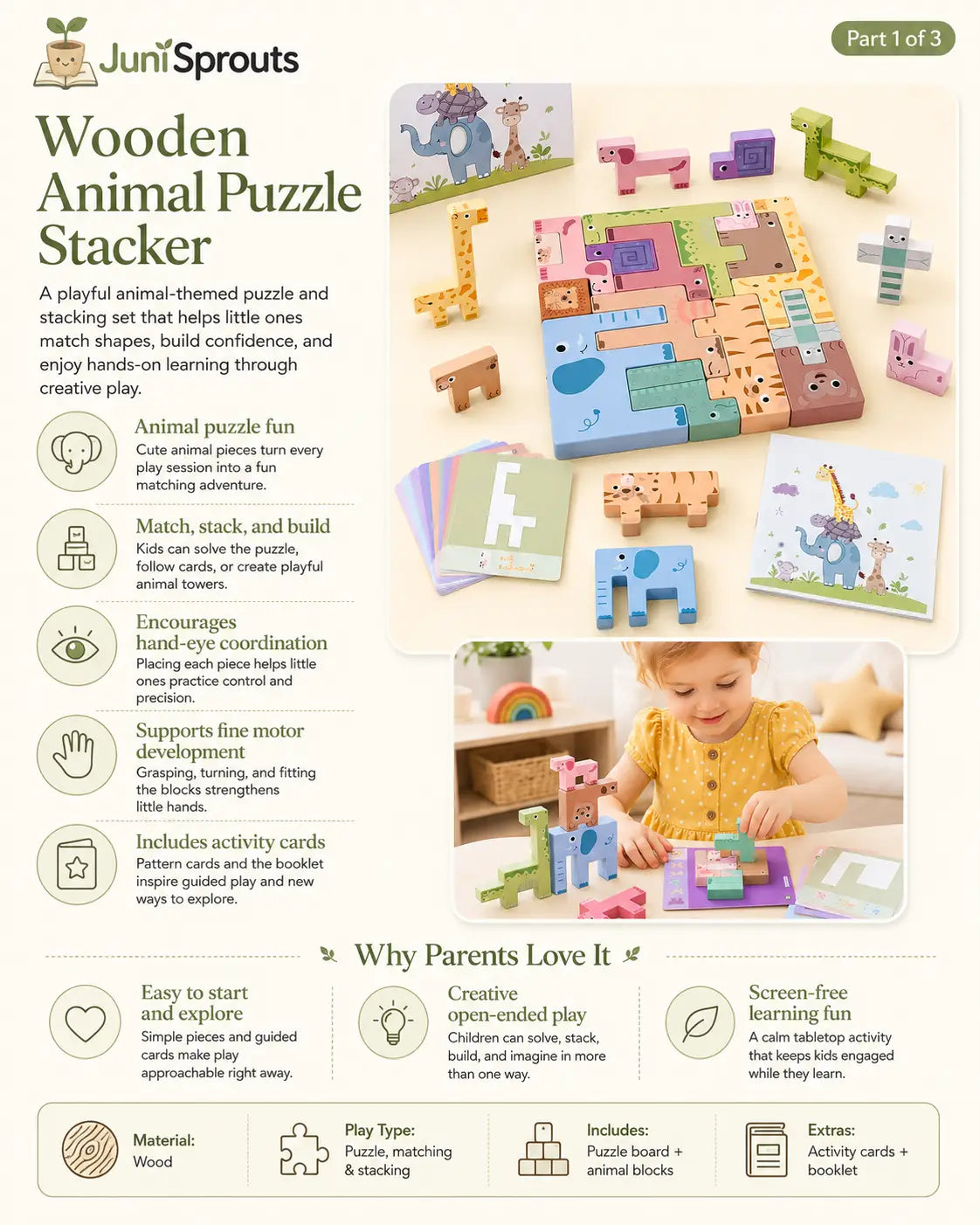 Wooden animal puzzle stacker with 14 pastel animal blocks, a puzzle board and challenge cards booklet, a Montessori brain teaser for ages 4 and up.