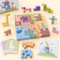 Wooden animal puzzle stacker with colorful animal-shaped pieces stacked on a soft cream surface