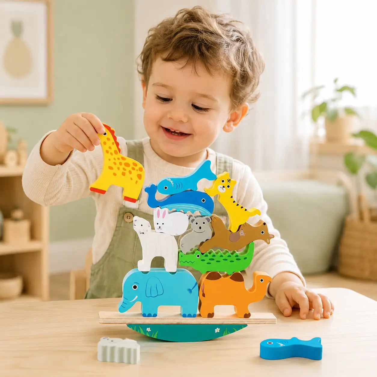 Toddler hands stacking wooden animal pieces on the balancing stacker for fine motor play