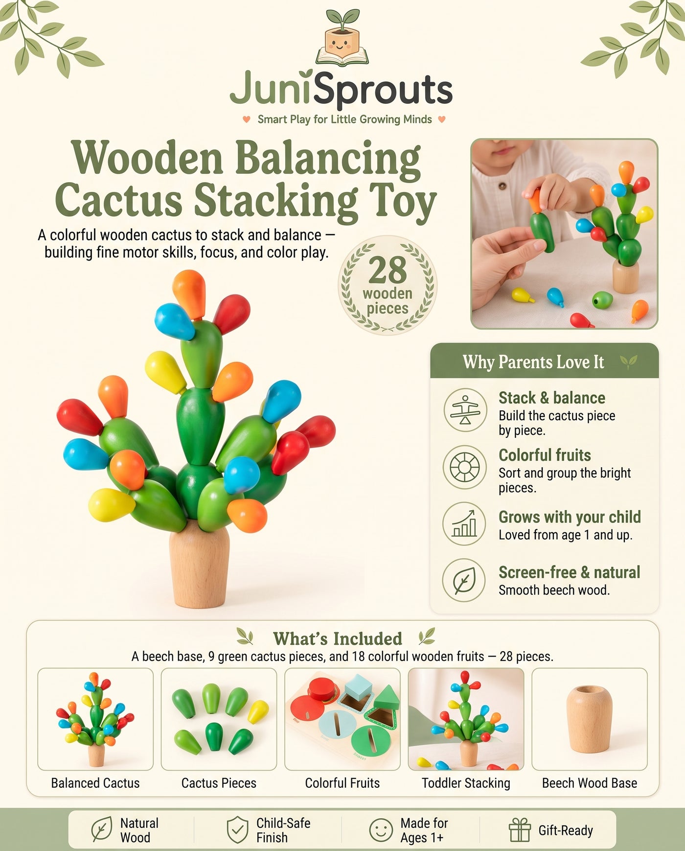 Wooden Balancing Cactus Stacking Toy overview and what's included