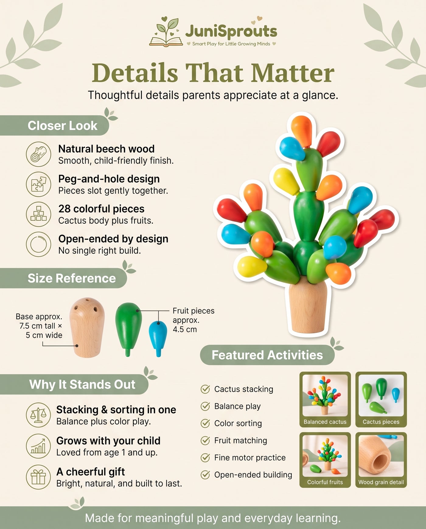 Wooden Balancing Cactus Stacking Toy details and size reference