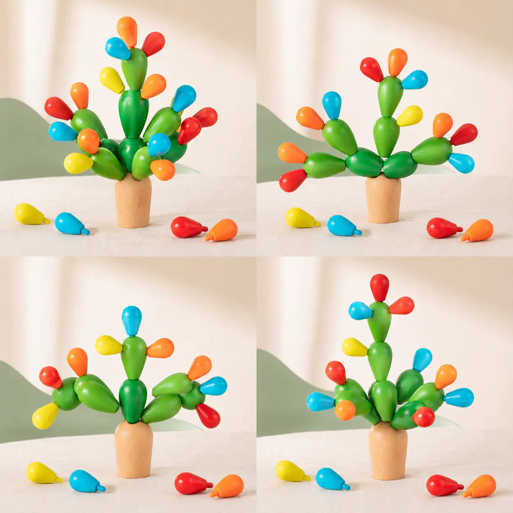 Balanced wooden cactus tower with sorted red, orange, yellow and blue fruits in place