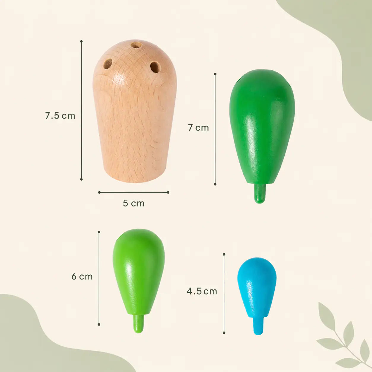 Wooden balancing cactus stacking toy with size dimensions shown for tabletop play
