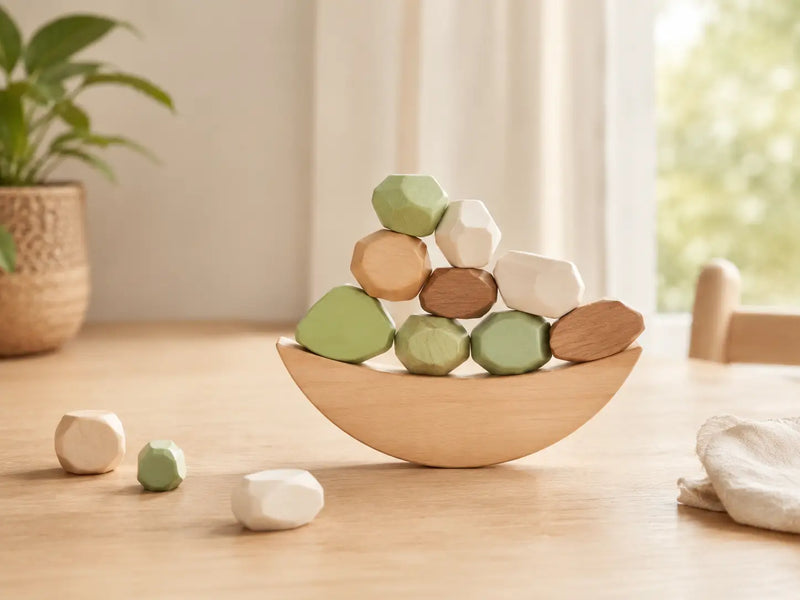 Wooden balancing and stacking toys styled on a warm neutral backdrop — JuniSprouts balancing collection for toddler coordination and focus