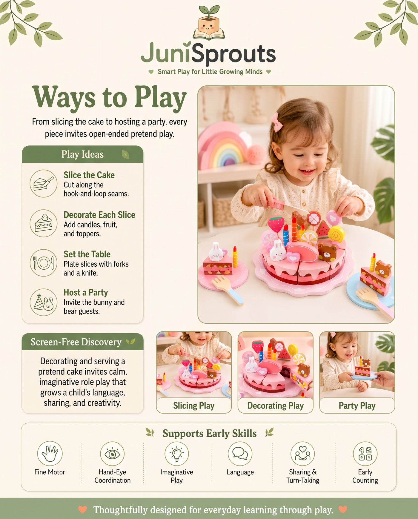 Wooden Birthday Cake Pretend Play Set ways to play and early skills