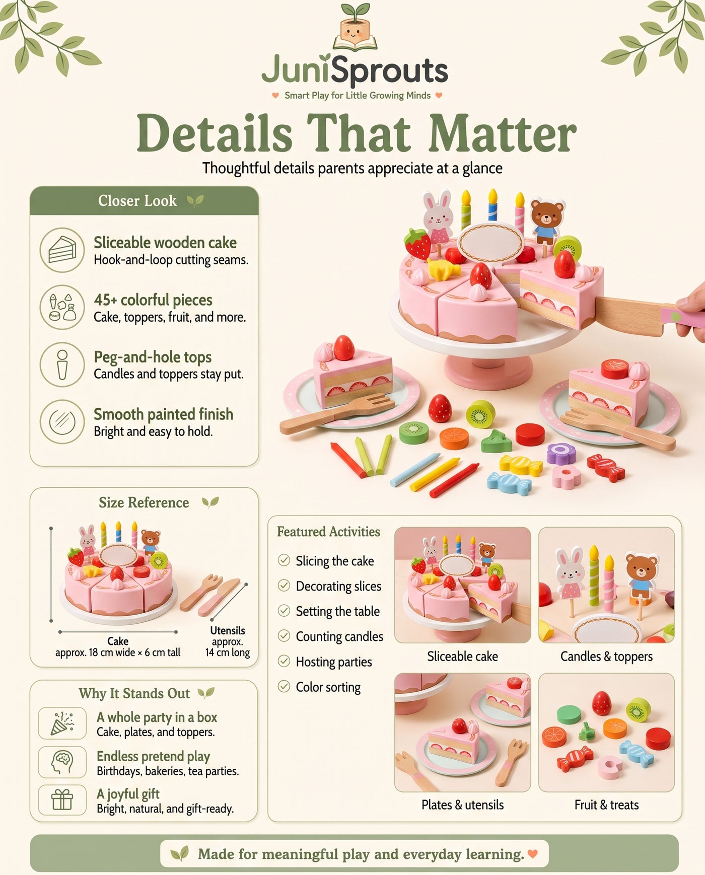 Wooden Birthday Cake Pretend Play Set details and size reference