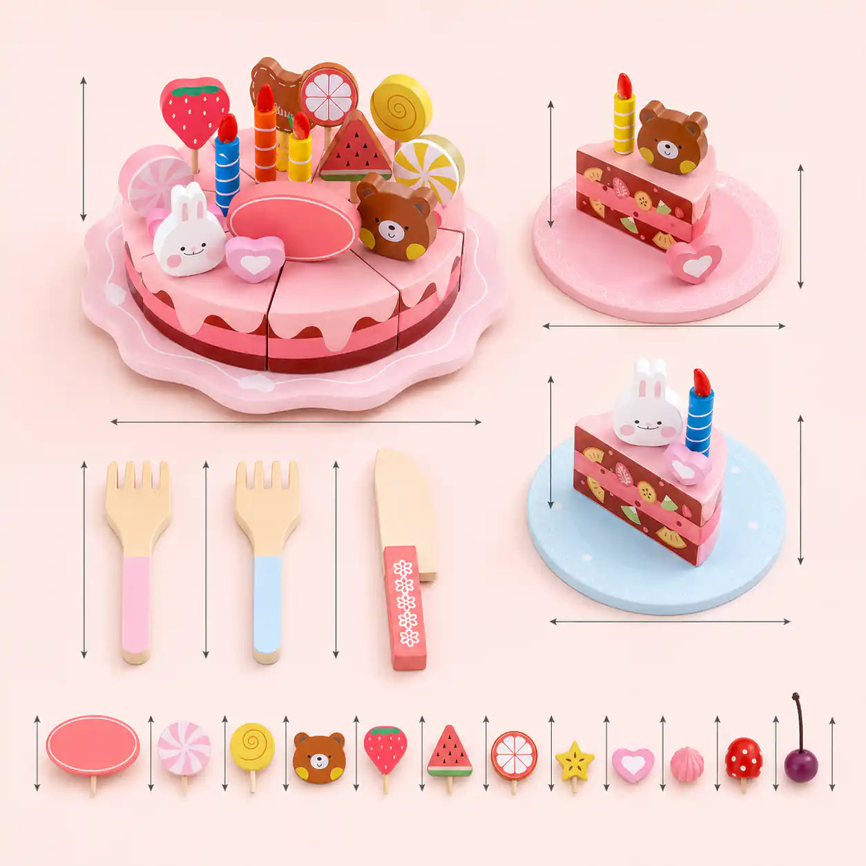 Wooden birthday cake pretend play set with arrows indicating the size and scale of each piece