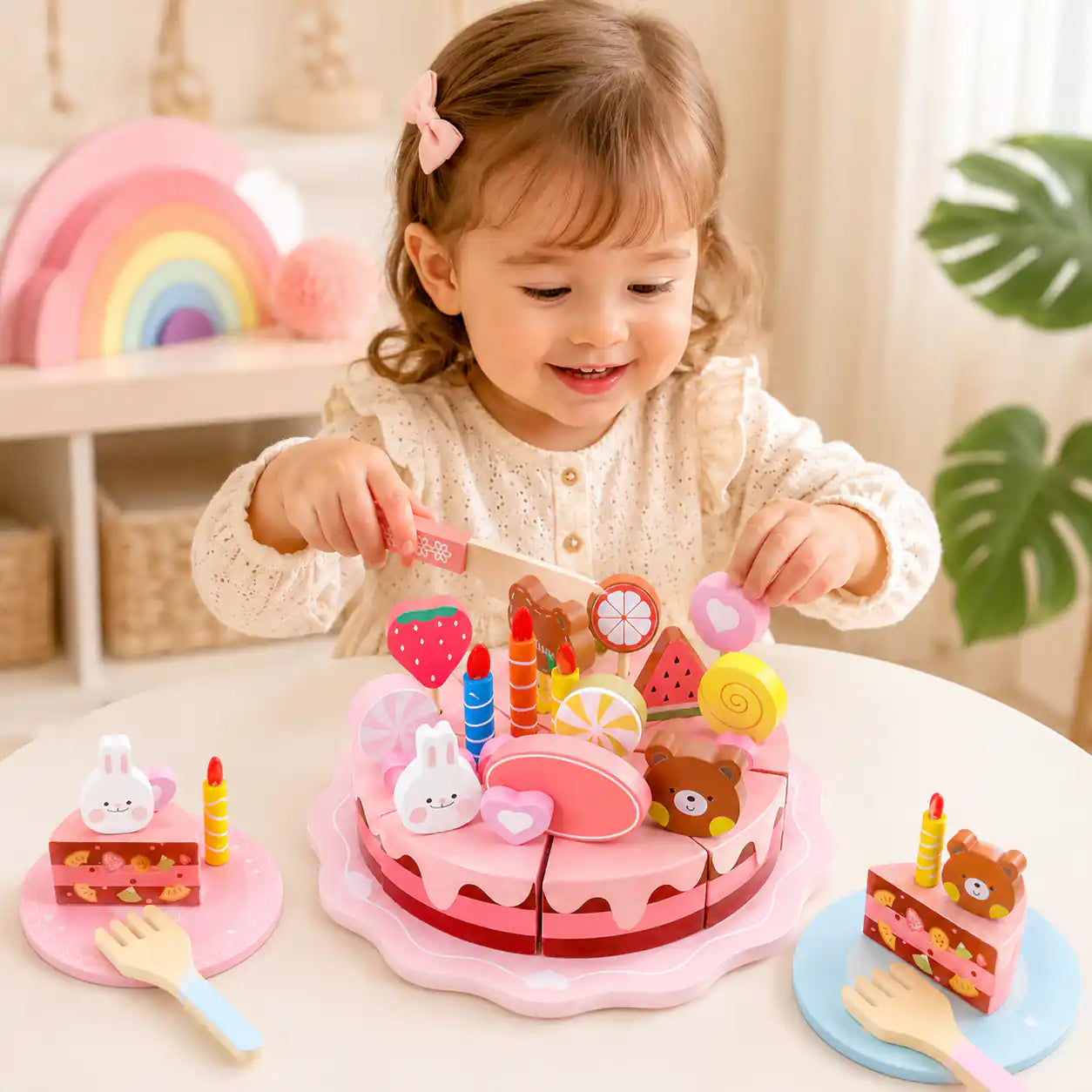 Young child smiling and decorating a wooden pretend play birthday cake on a nursery table