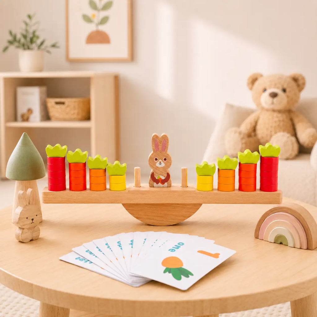 Close-up of the wooden bunny figure and numbered carrot tops on the balance scale