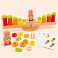 Wooden bunny balance scale Montessori counting toy with stacking carrot discs on a cream background