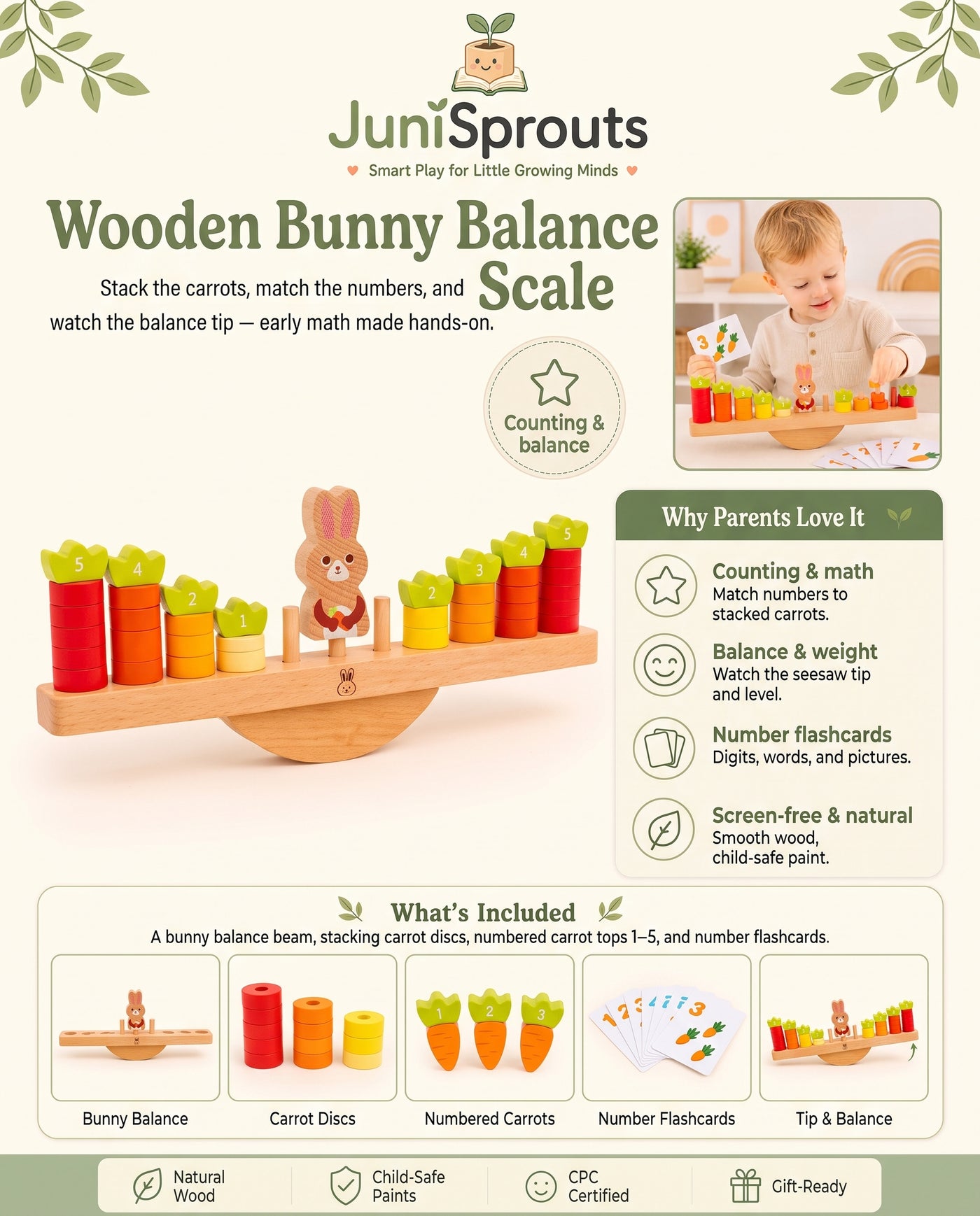 Wooden Bunny Balance Scale overview and what's included
