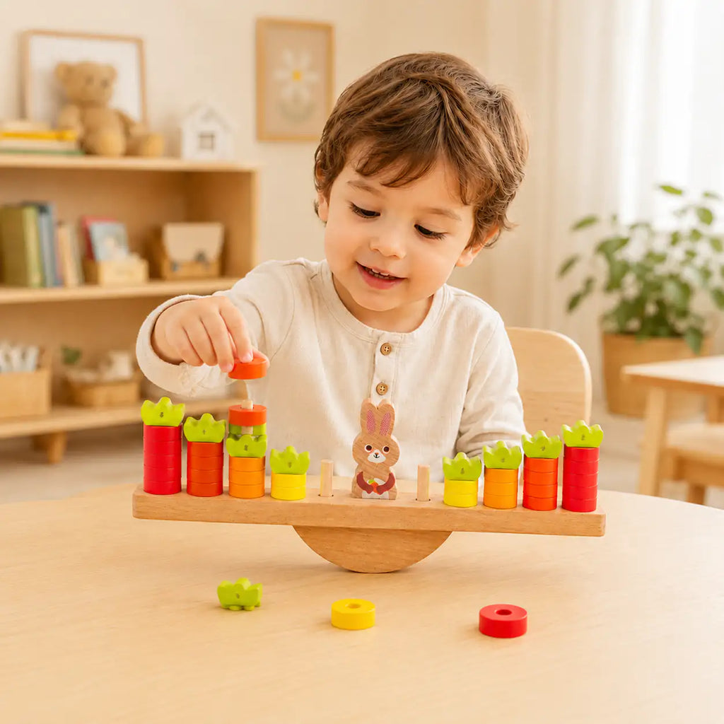 Wooden bunny balance scale tipping to show heavier and lighter sides during math discovery play