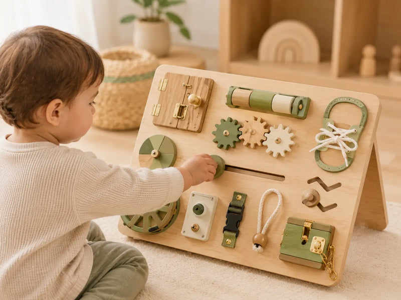 Montessori wooden busy boards displayed on a soft cream surface — JuniSprouts busy board collection for toddler fine motor skills and sensory play