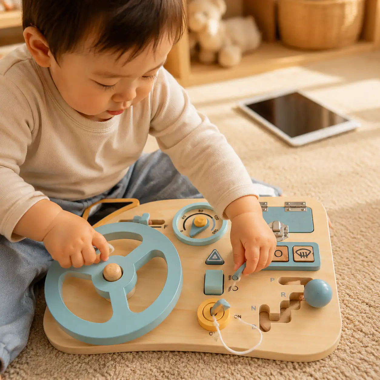 Ten hands-on busy board mini activities including dials, buttons, and a flipping hazard triangle