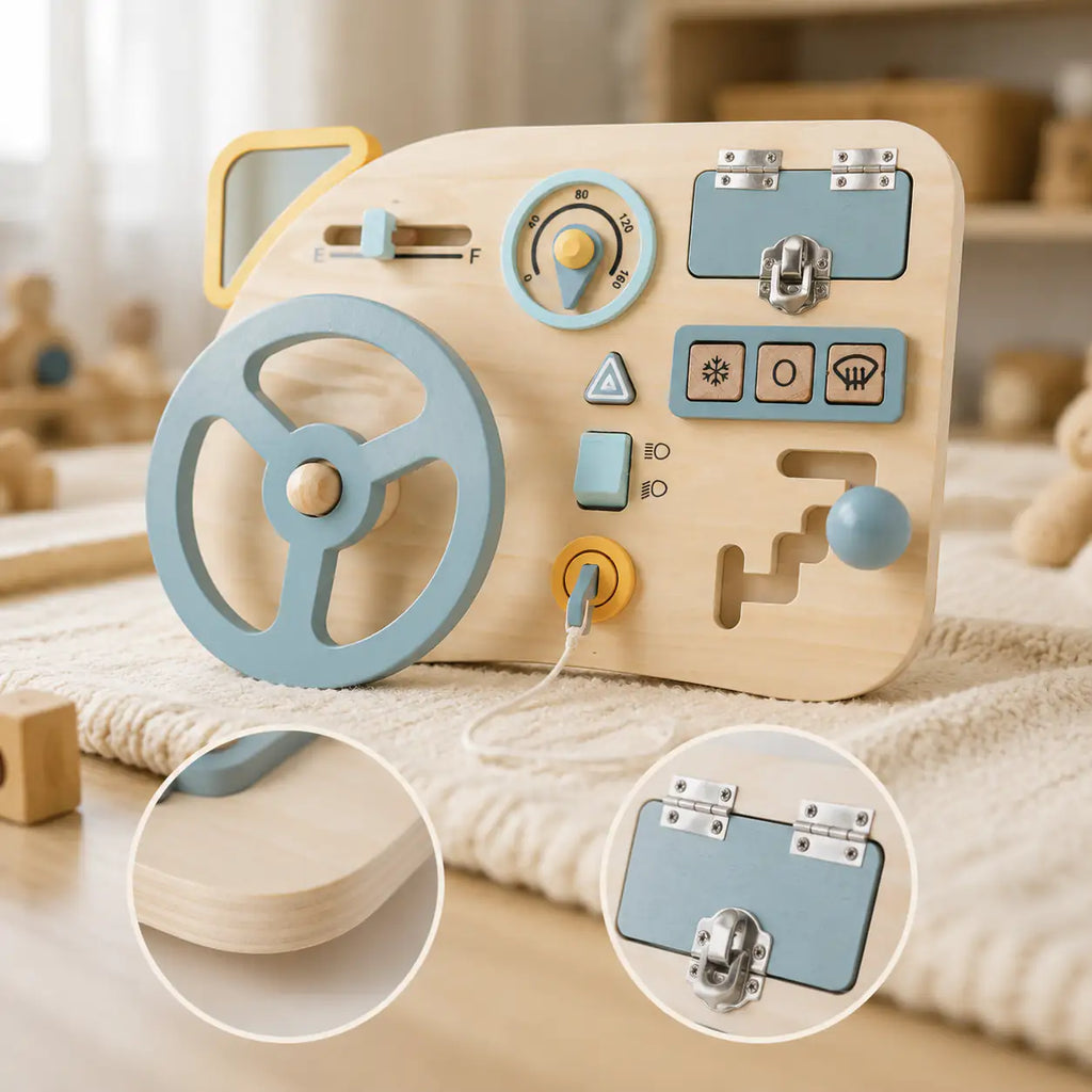 Wooden busy board mini styled on a calm Montessori playroom shelf