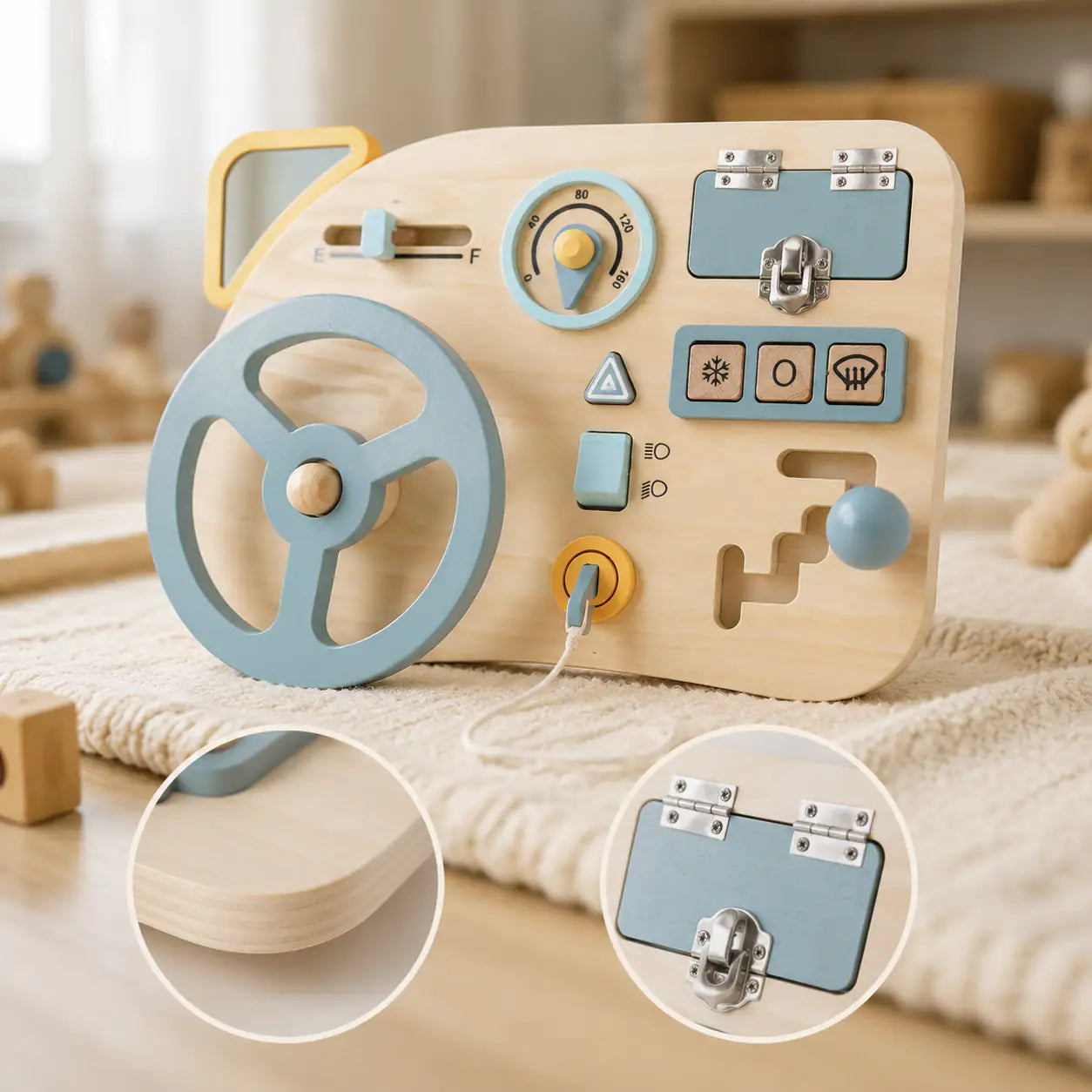 Wooden busy board mini styled on a calm Montessori playroom shelf