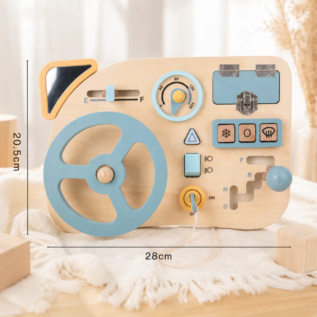 Wooden busy board mini with size dimensions shown for travel-friendly pretend play