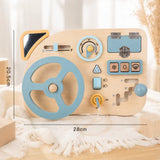 Wooden busy board mini with size dimensions shown for travel-friendly pretend play