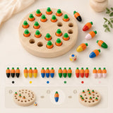 Wooden carrot memory game showing six carrot colors, color die, and three-step game play diagram