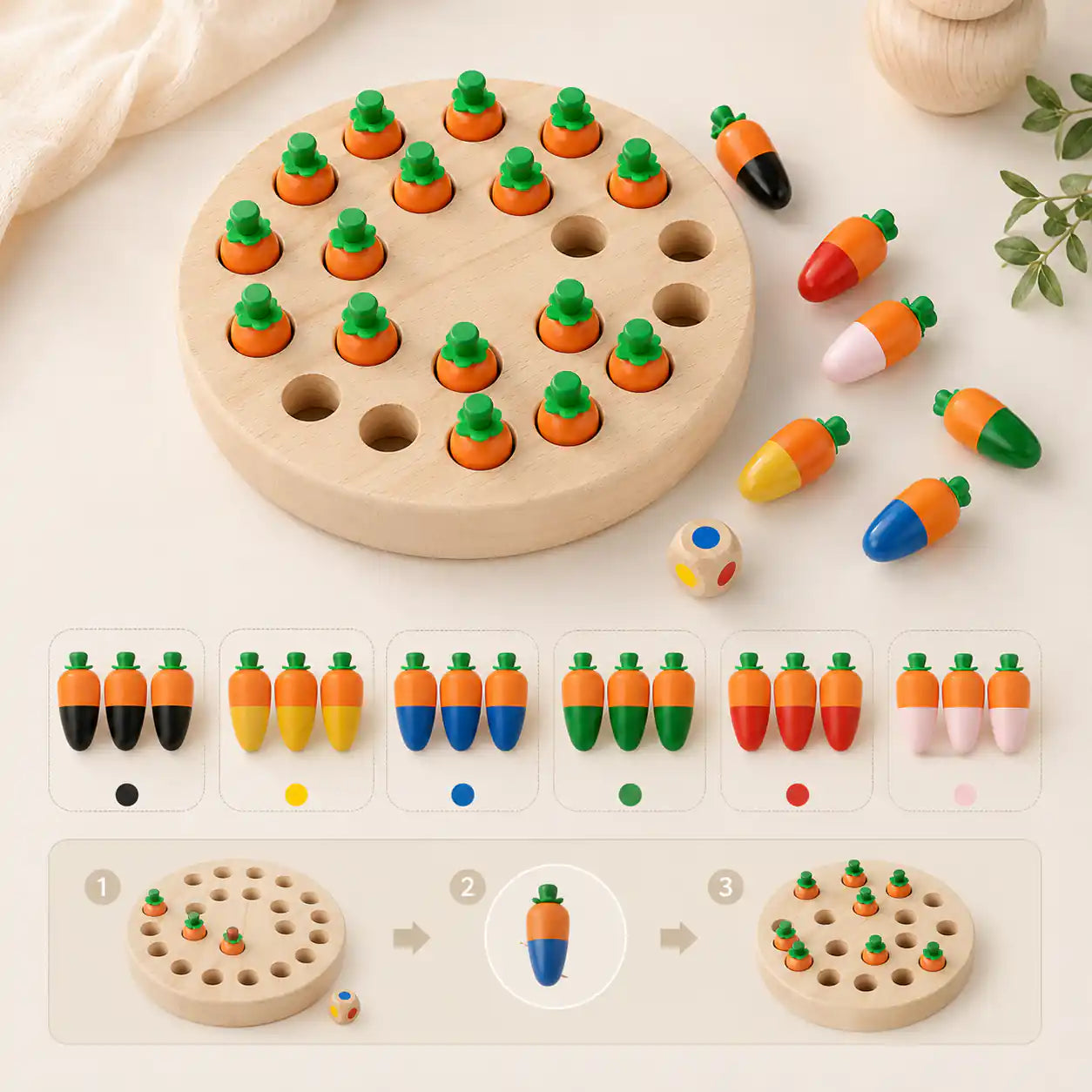 Wooden carrot memory game showing six carrot colors, color die, and three-step game play diagram
